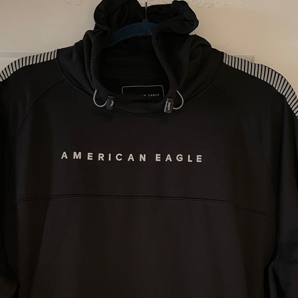 American Eagle Size XL Black Hoodie Warm Poly/Elastane Gray Accents on Sleeves - Picture 1 of 9